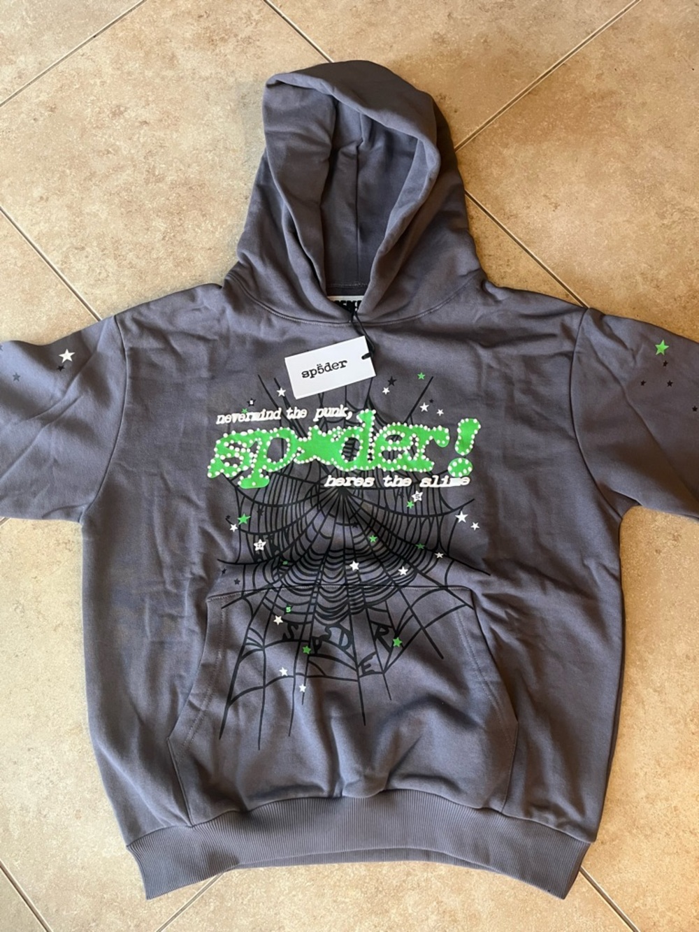 Spider worldwide Gray Hooded Sweatshirt with Green Graphic